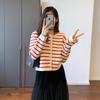 Women's Autumn Striped Knit Cardigan - French Style, Color Block, Loose Fit, Round Neck, Short Length, Long Sleeve Sweater Coat.
