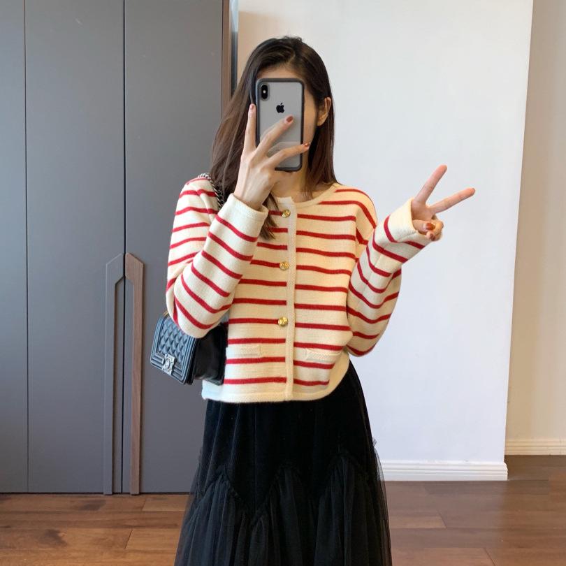 Women's Autumn Striped Knit Cardigan - French Style, Color Block, Loose Fit, Round Neck, Short Length, Long Sleeve Sweater Coat.