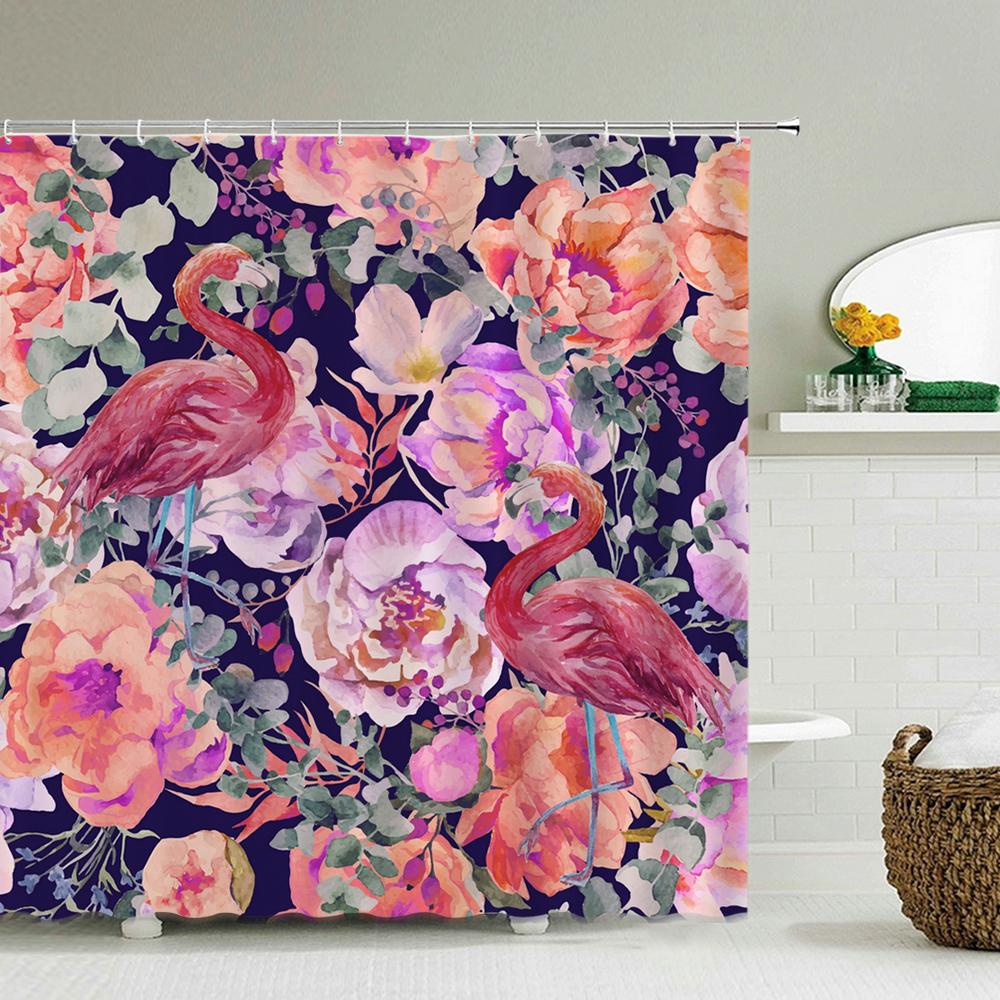 3D Flamingo Print Shower Curtain Set With Hooks Nordic Style Pink Birds Flower leaves Waterproof Fabric Home Bathroom Curtains
