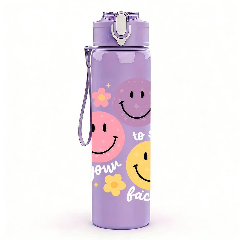1PC Colorful Smiley Face Trio 750ml Color Plastic Sports Water Bottle Leakproof Flip Straw Lid Suitable for Sports Office Home Use