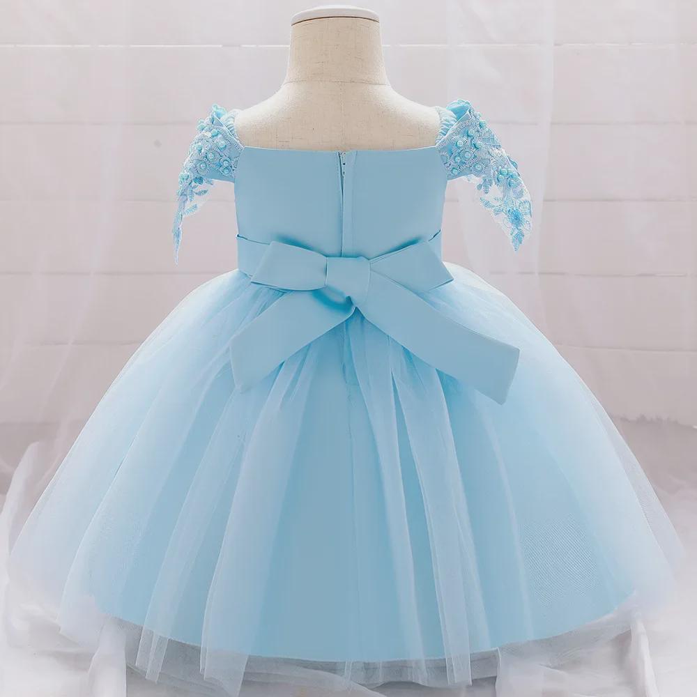One-Shoulder Fluffy Baby Christening Dress with Beaded Flower and Bow