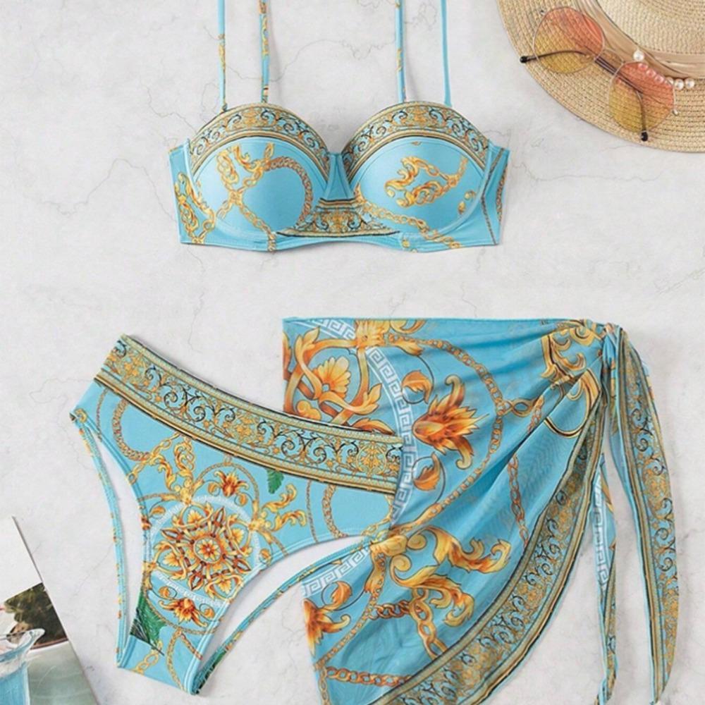 Europees en Amerikaans Nieuw Eendelig Badpak Sexy Rug Gedrukt Drie Delig Bikini Pak voor Vrouwen