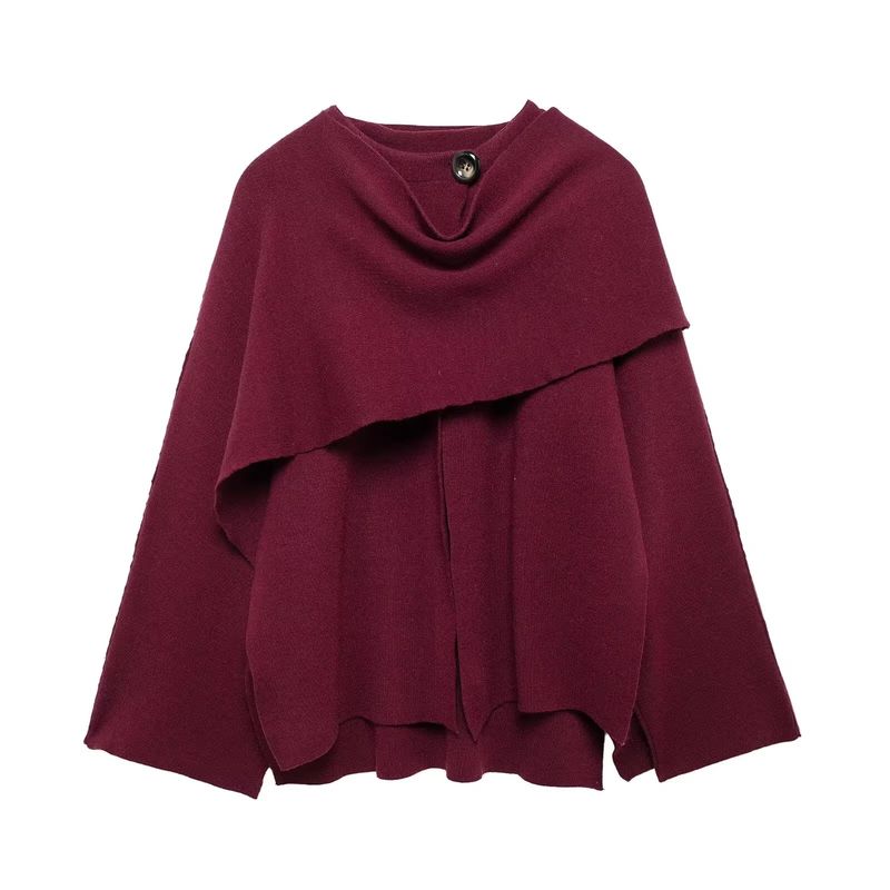 

Fall and Winter Women s Idle Style Scarf Cape round Neck Long Sleeves Short Knitting Coat Outwear 2756107 Burgundy M
