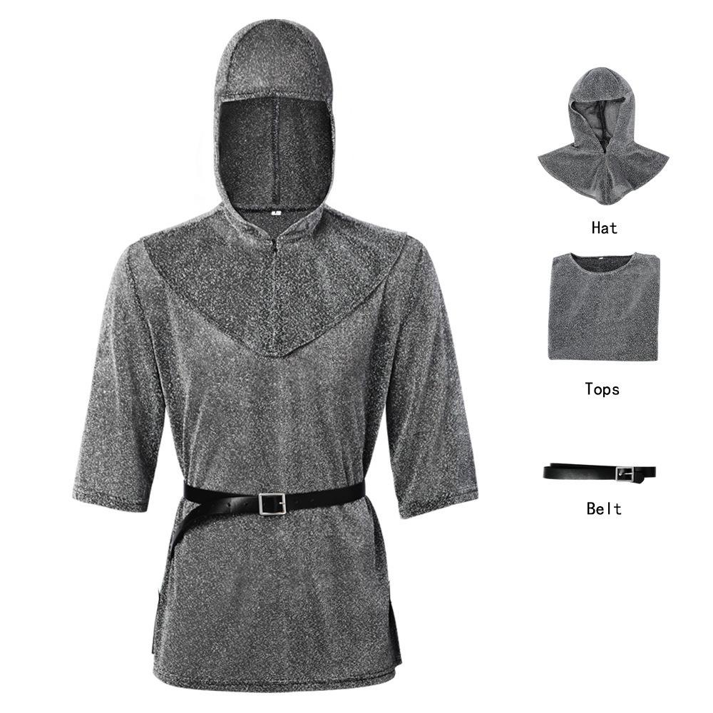 Costume cosplay da cavaliere in cotta di maglia, giacca con cappuccio stile ranger retrò medievale, protezioni per i polsi e cintura costume da spettacolo