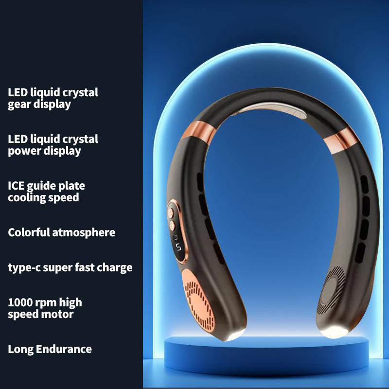 Wireless Neck Fan, Neck Cooling Device, Strong Wind with Silent Operation, Battery Durability, with Light, for Summer Cooling