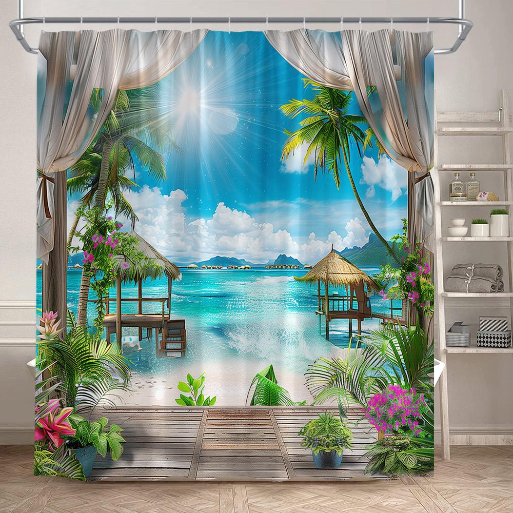 Beach Island Shower Curtain Tropical Palm Leaves Plants Flowers Parrots Blue Ocean Scenery Bathroom Curtains Fabric Home Decor