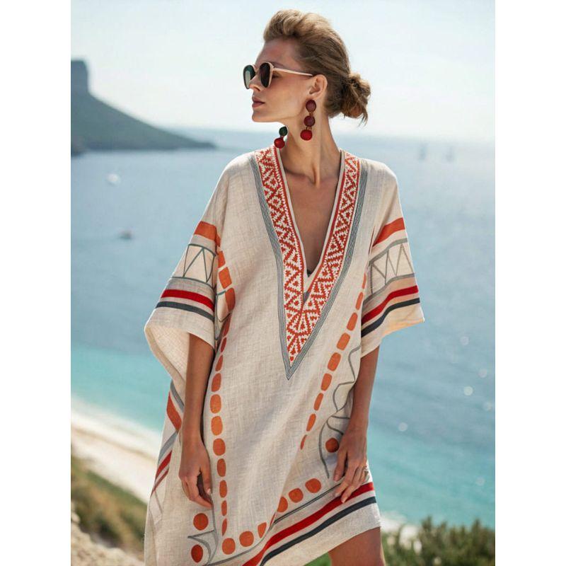 New Amazon Women's Clothing Super Fairy V-Neck Dress Seaside Vacation Beach Dress Printed Loose Mid-Length Dress
