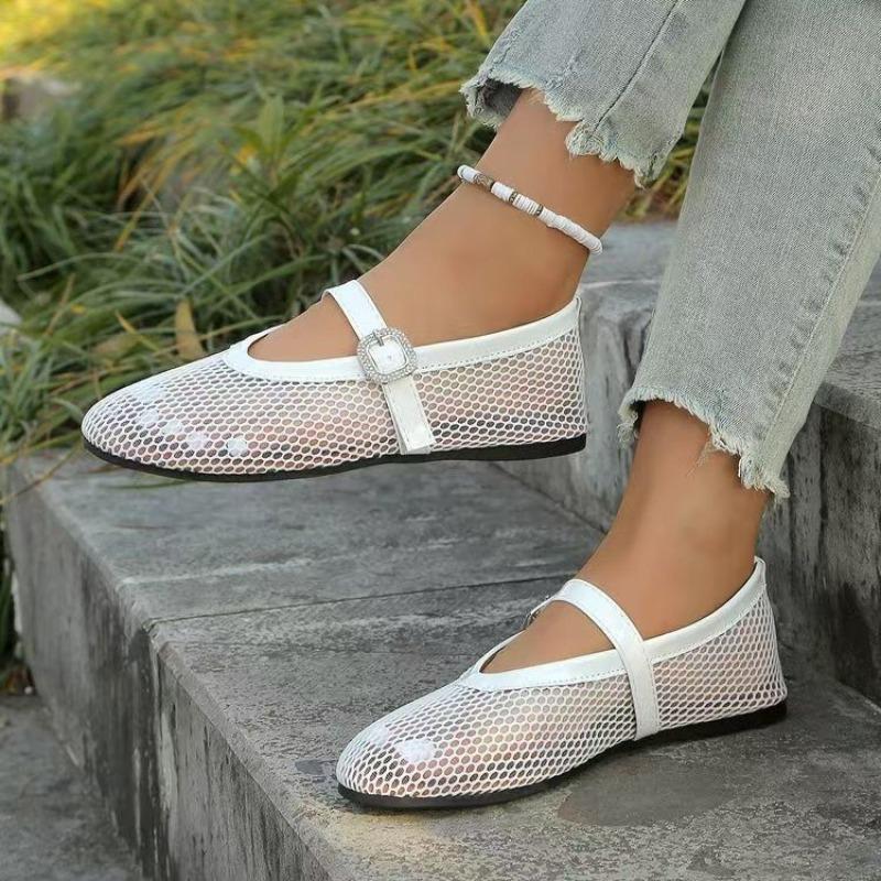 Mesh Cutout Breathable Flat Shoes Women's Round Toe Shallow Mouth Slip Strap Soft Slip Single Shoes