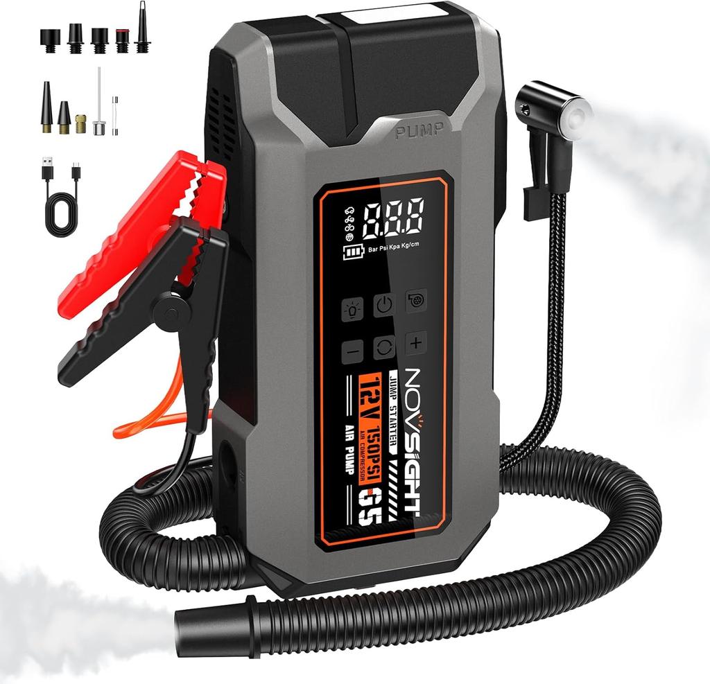 6000A 13-in-1 Portable Jump Starter with Air Compressor, 12V Power Pack for Gas/Diesel Cars, 150PSI Tire Inflator