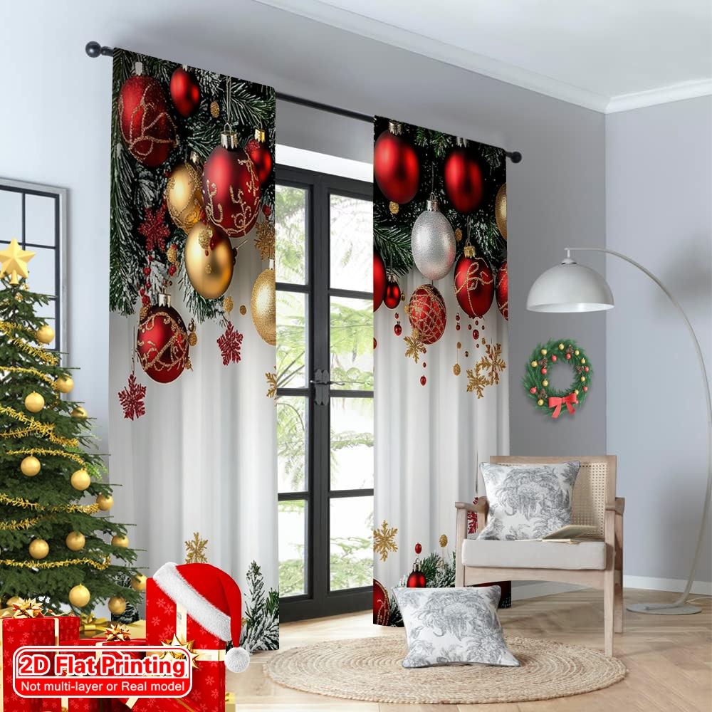 2D flat printing 2pcs Merry Christmas Popular Drapes Red and Gold Ball Pine Branch Snowflake Versatile Polyester Without