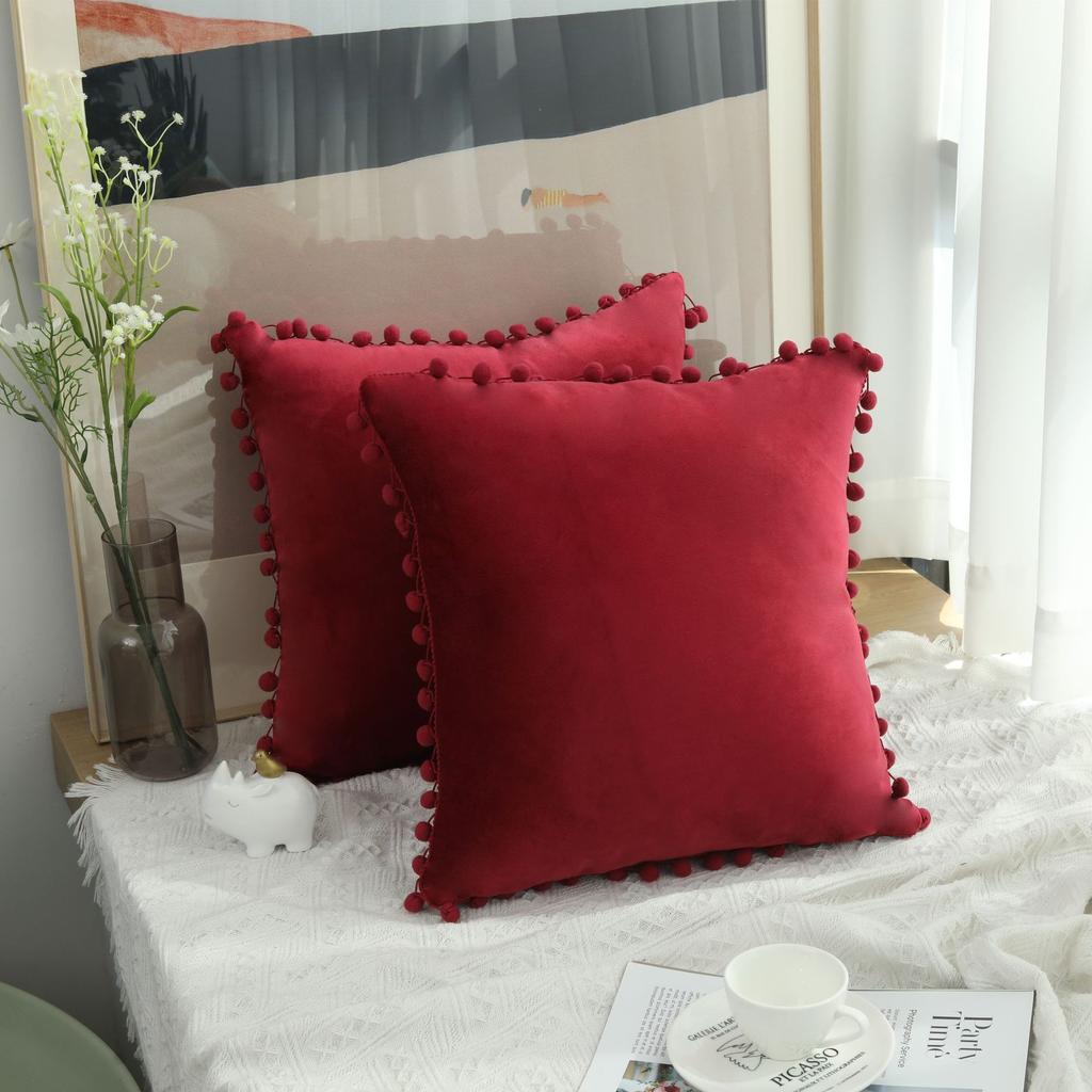 LMETJMA 1 Piece Burgundy Throw Pillow Covers with Pom Pom Velvet Euro Plush Cushion Covers for Sofa Couch Bedroom JT417