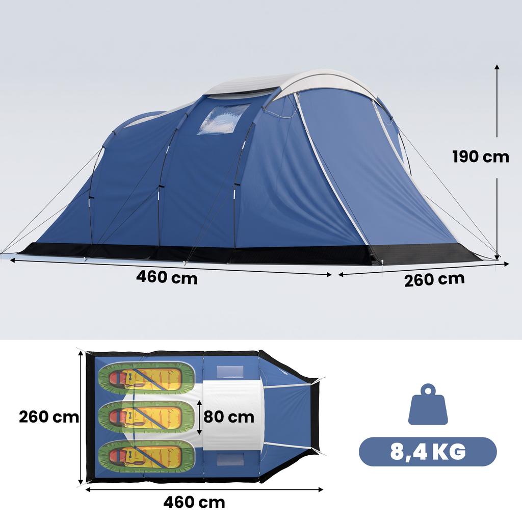 Tunnel Camping Tent, 4-Person, 3000 Mm, Double Layer, 190 Cm Height, Dark Blue