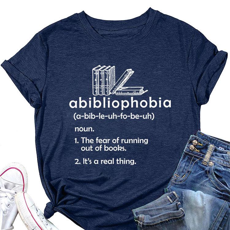 Summer new round neck casual Tshirt abibliophobia book print loose short sleeve top Womens allmatch fashion pullover