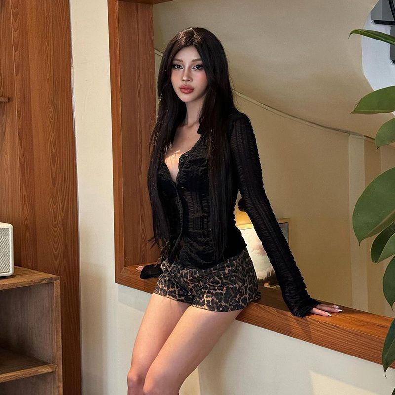 

# Sisjuly# Асимметричный тюль с вырезами, прилегающий топ с V-образным вырезом, с текстурой, винтажный костюм с шортами с леопардовым принтом, женский Brown shorts S