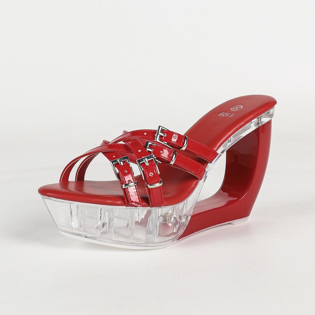 11cm Platform Block Heel Sandals, Transparent Crystal Sexy Nightclub Footwear, T Stage Model Ultra High Heels LFD-1108WG-B19
