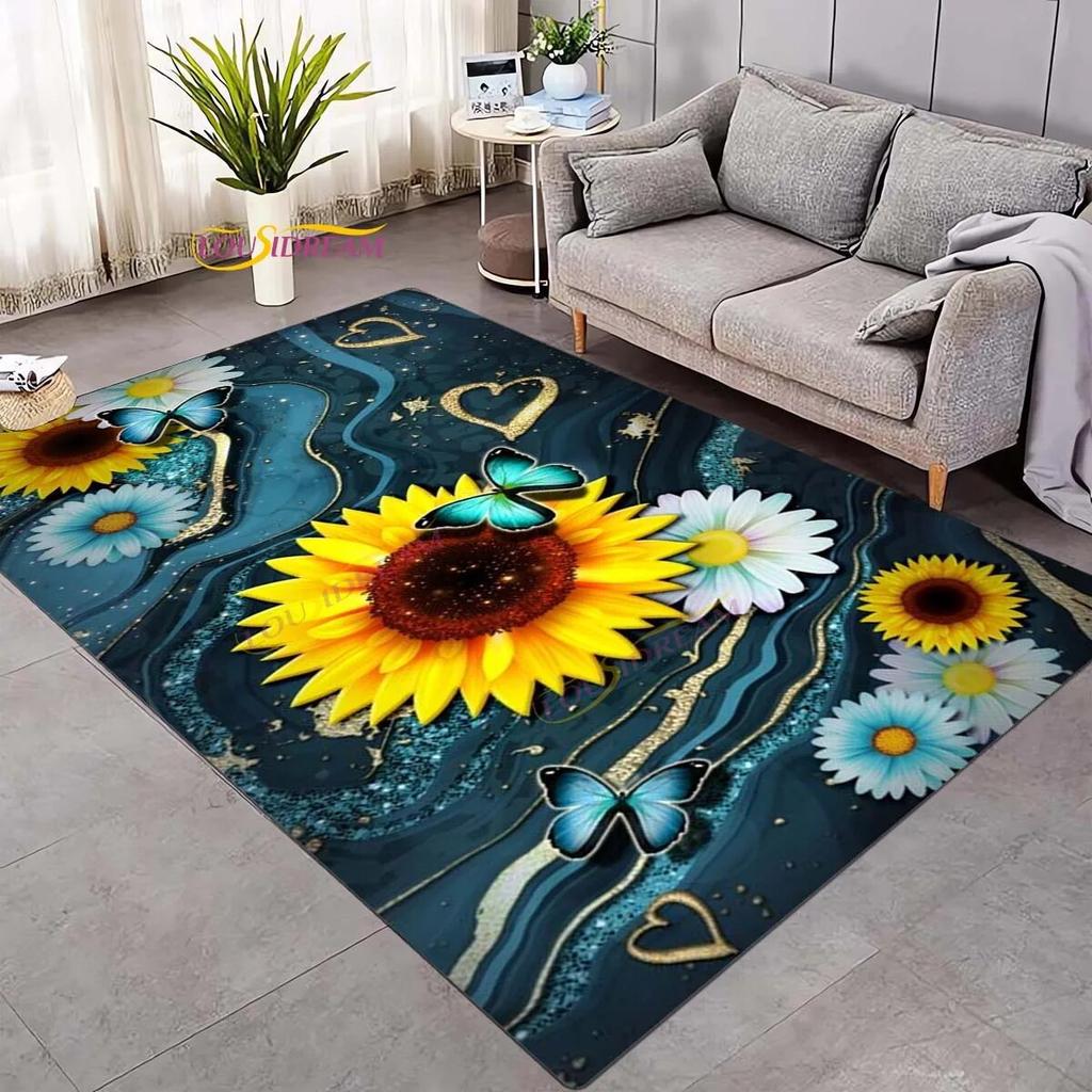 Koberec 3D Daisy Flowers Butterflies Velkoplošné koberce Barevný Butterfly Sunflower Koberec do obývacího pokoje Ložnice Herna Domácí dekorace