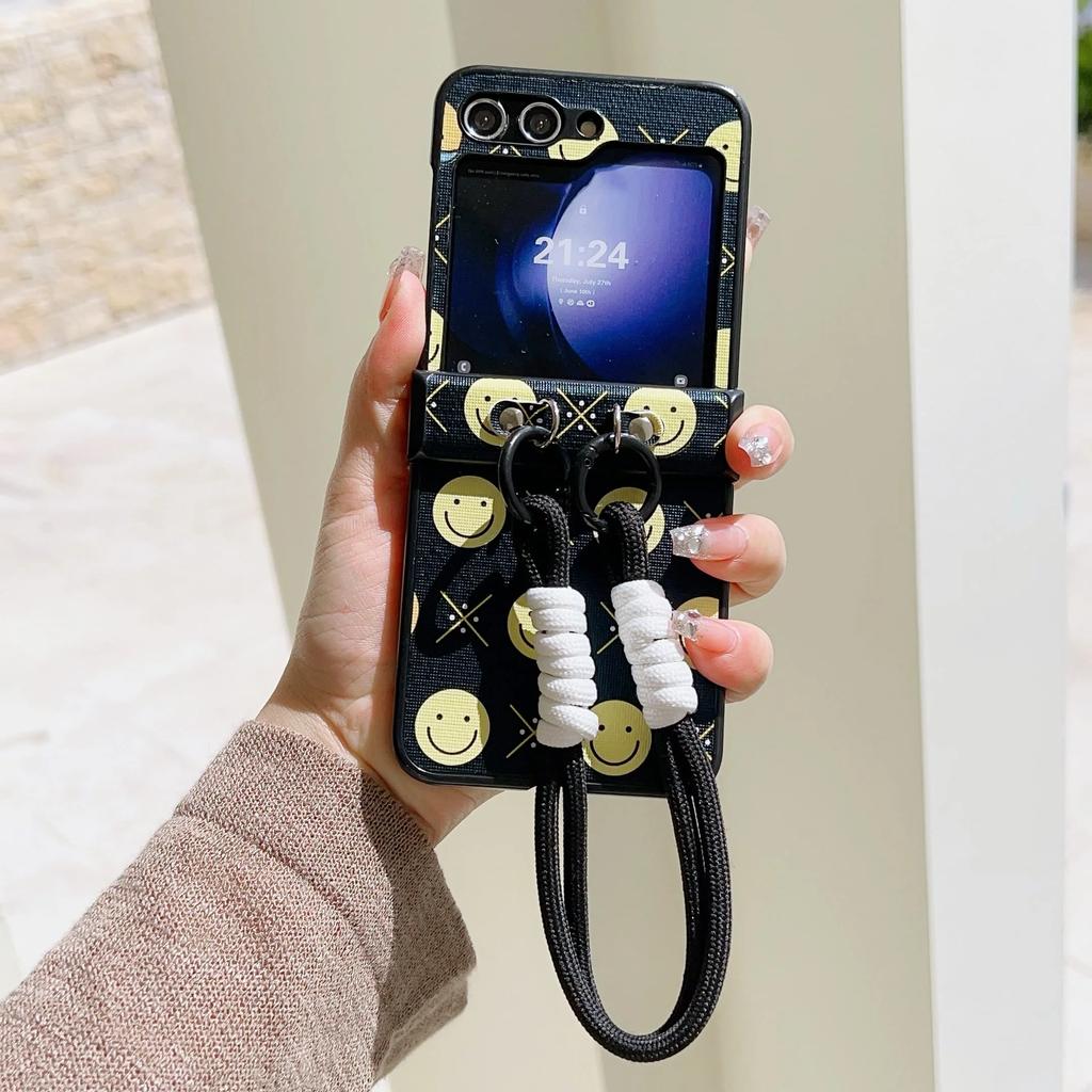 Leather Wrist Strap Happy Face Cute Bear Phone Case for Samsung Galaxy Z Flip 6 5 4 3 Flip6 5G Hinge Protection Shockproof Cover