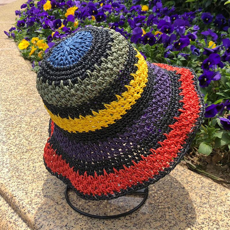 2021 Womens Straw Hat Rainbow Crochet Hand-made  Panamas UV Protection Sun Visor Beach Hats Women Visors Foldable Summer Sun Hat