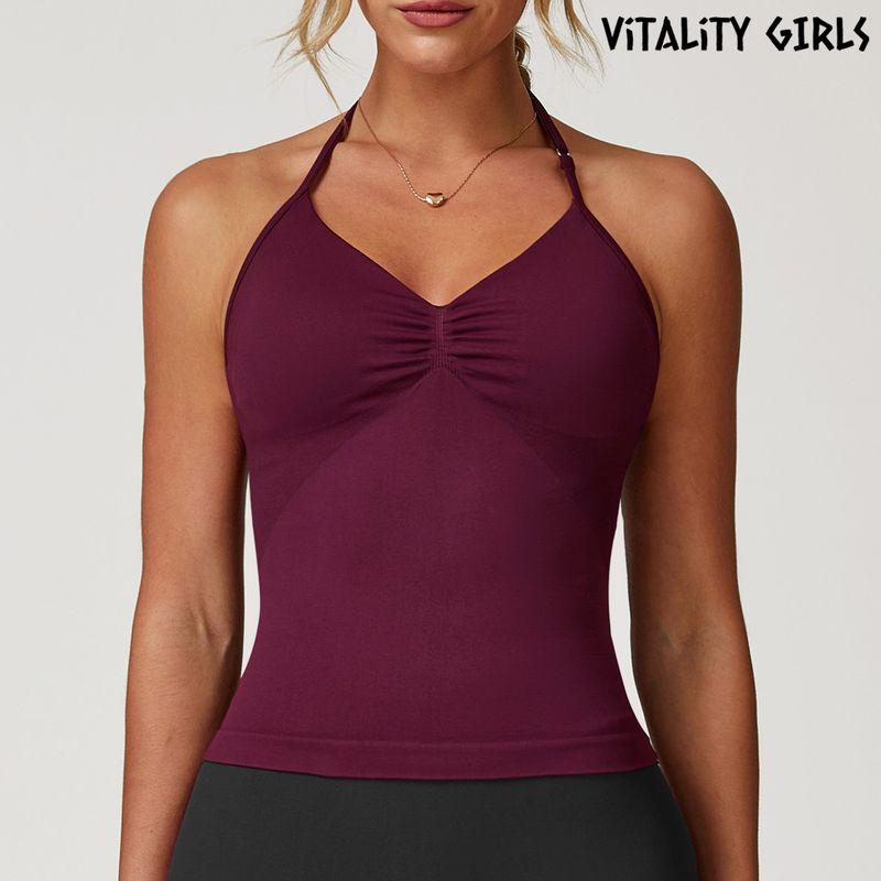 

Vitality Girls Hanging Neck Yoga Exercise Vest Women s Belt Chest Pad Beauty Back Breathable Tight Workout Clothes Top Cherry Wine Red S