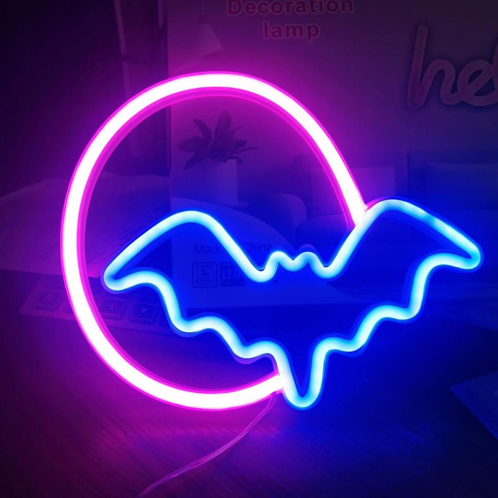 Halloween Neon Sign, Moon and Bat LED Neon Lights, USBPowered Halloween Decoration Neon Lights, Halloween Wall Decor for Halloween, Bar, Party,