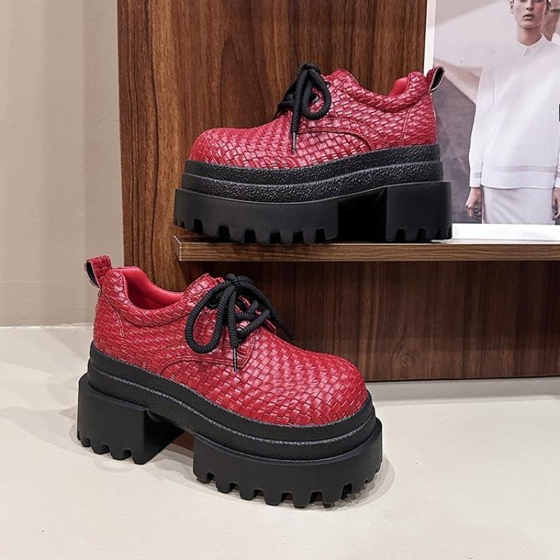 Fashion High Heel Platform Square Toe Single Shoes Women's Woven Lace-up Small Leather Shoes Versatile Breathable Platform Shoes