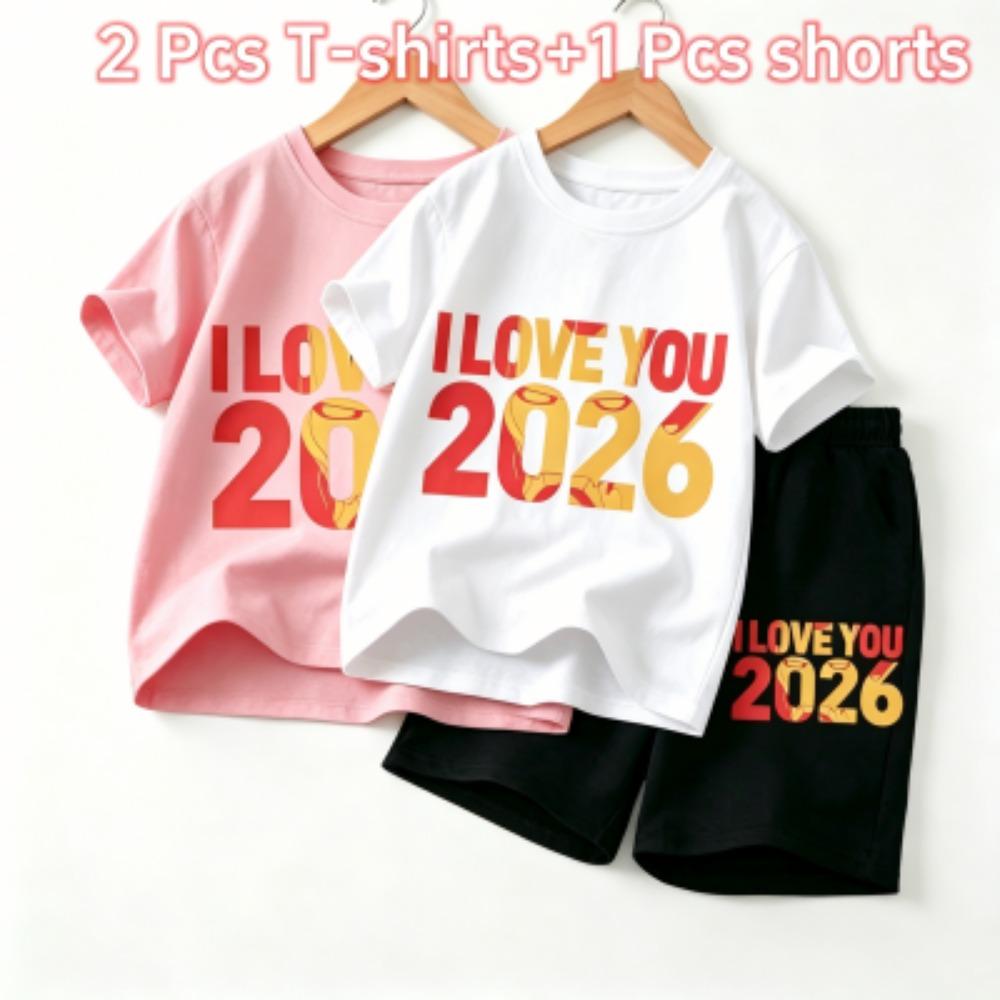 Fashion Letters I Love You 2026 Print Outdoor Street Kids T-shirt and Shorts Summer Home Casual Outfit Boy and Girl's Sports Set