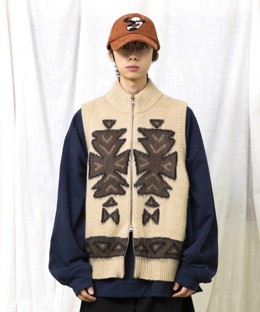 GLACK Gnt065 Ugly Navajo Zip-Up Knit Vest (Beige)