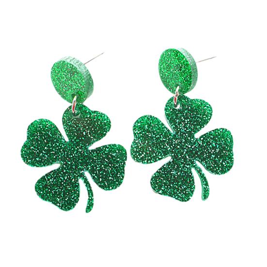 St Patricks Day Earrings Lightweight Acrylic Glitter Shamrock Earrings Sparkly Lucky Clover Dangle Drop Earrings for Women Holiday Party Accessories