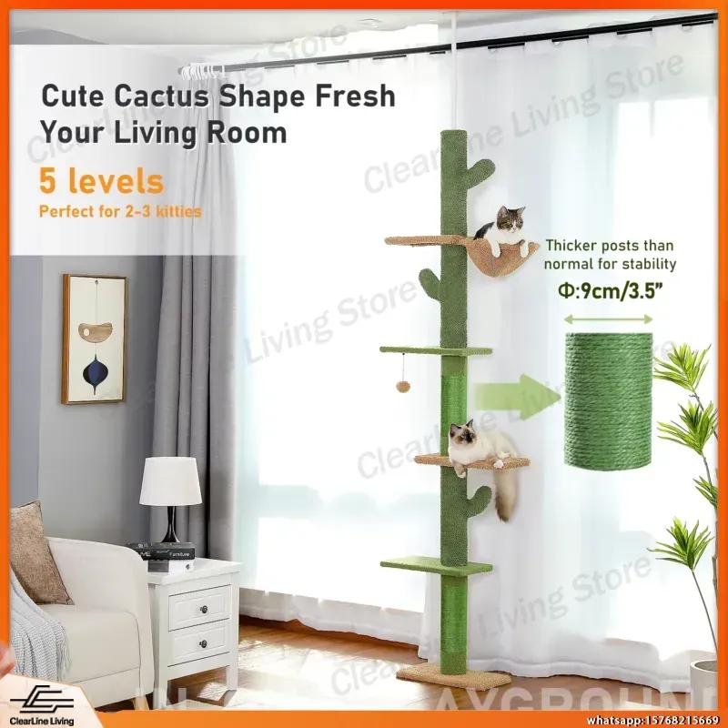 5-stufiger Deckenhoher Kratzbaumturm für Wohnungskatzen Kaktus-Design Kletter-Kratzbaum mit Hängematte Hängendes Spielzeugball