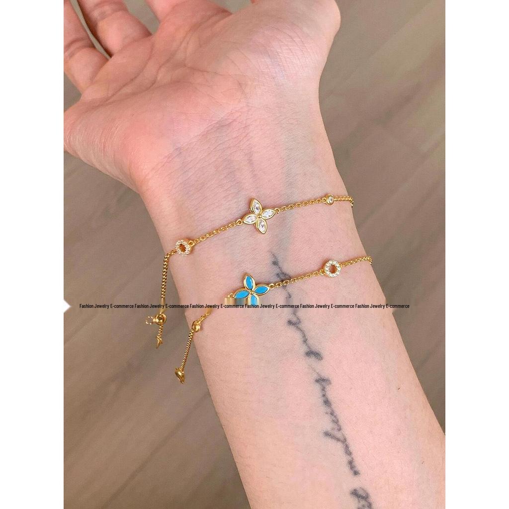 Exquisite Blue Four-Leaf Flower Zircon Bracelet: Versatile, High-Value, Micro-Paved, Stacking Jewelry