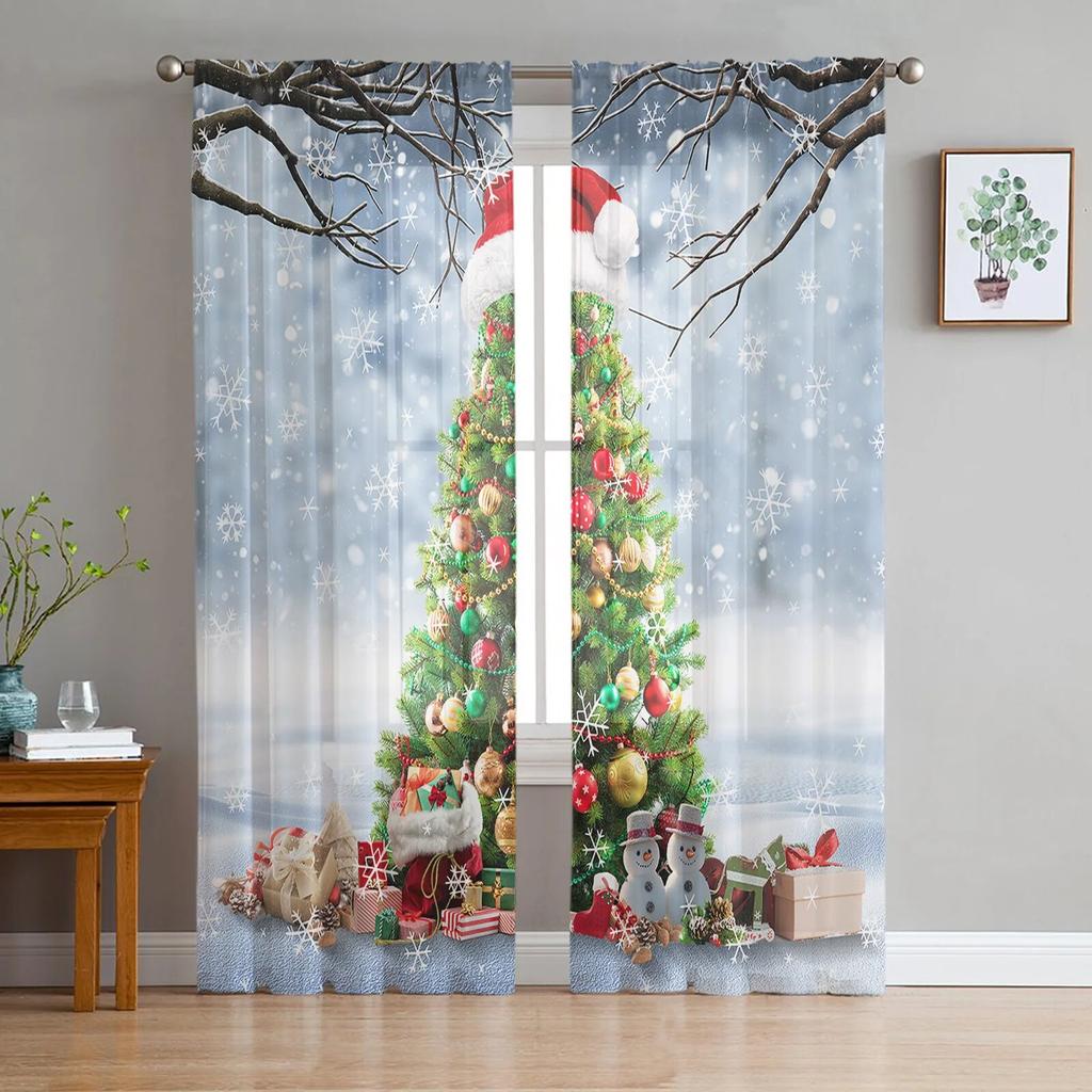 Christmas Tree Print Curtain Bedroom Living Room Cafe Xmas Snowflake Winter Semi Drape Voile Window Treatment Sheer For Sitting Made Of Polyester
