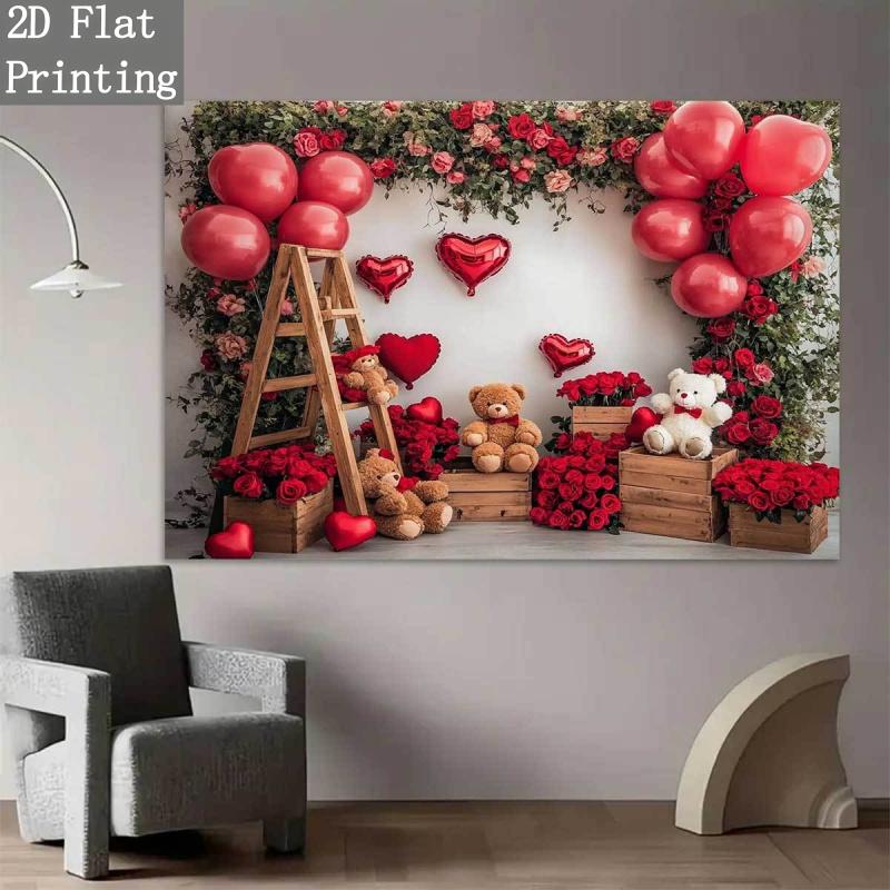 1pc, 2D flat, red rose and heart-shaped balloon teddy bear backdrop - romantic decoration, birthday party, wsj