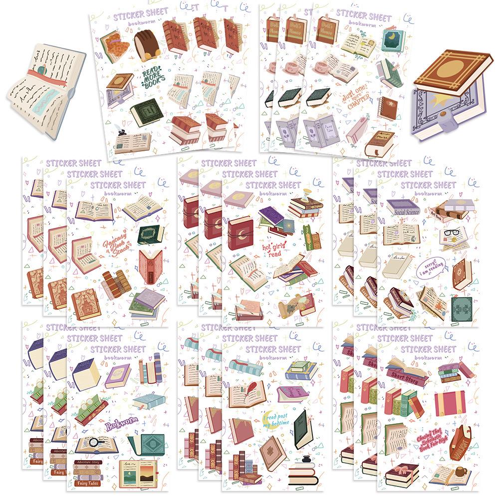 

8 Cartoon Bookworm Reading Collage Hands-on DIY Handbook Mobile Phone Case Notebook Decoration Waterproof Stickers