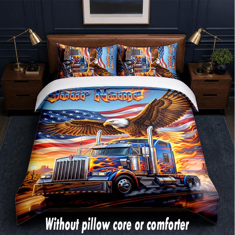 Truck Theme Custom Text Or Name 3Pcs Bedding Set,1 Flat Sheet & 2 Pillowcases Personalized Home Bedding