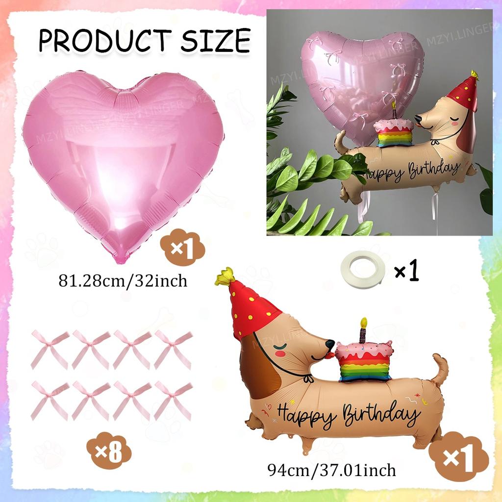 Cartoon style birthday dog balloon set with red bow balloons and pink heart balloons for birthday decoration and photo props