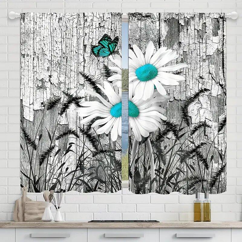 Wood Grain Butterfly Daisy Pattern Printed Curtains Window Decorations Home Room Curtain Polyester
