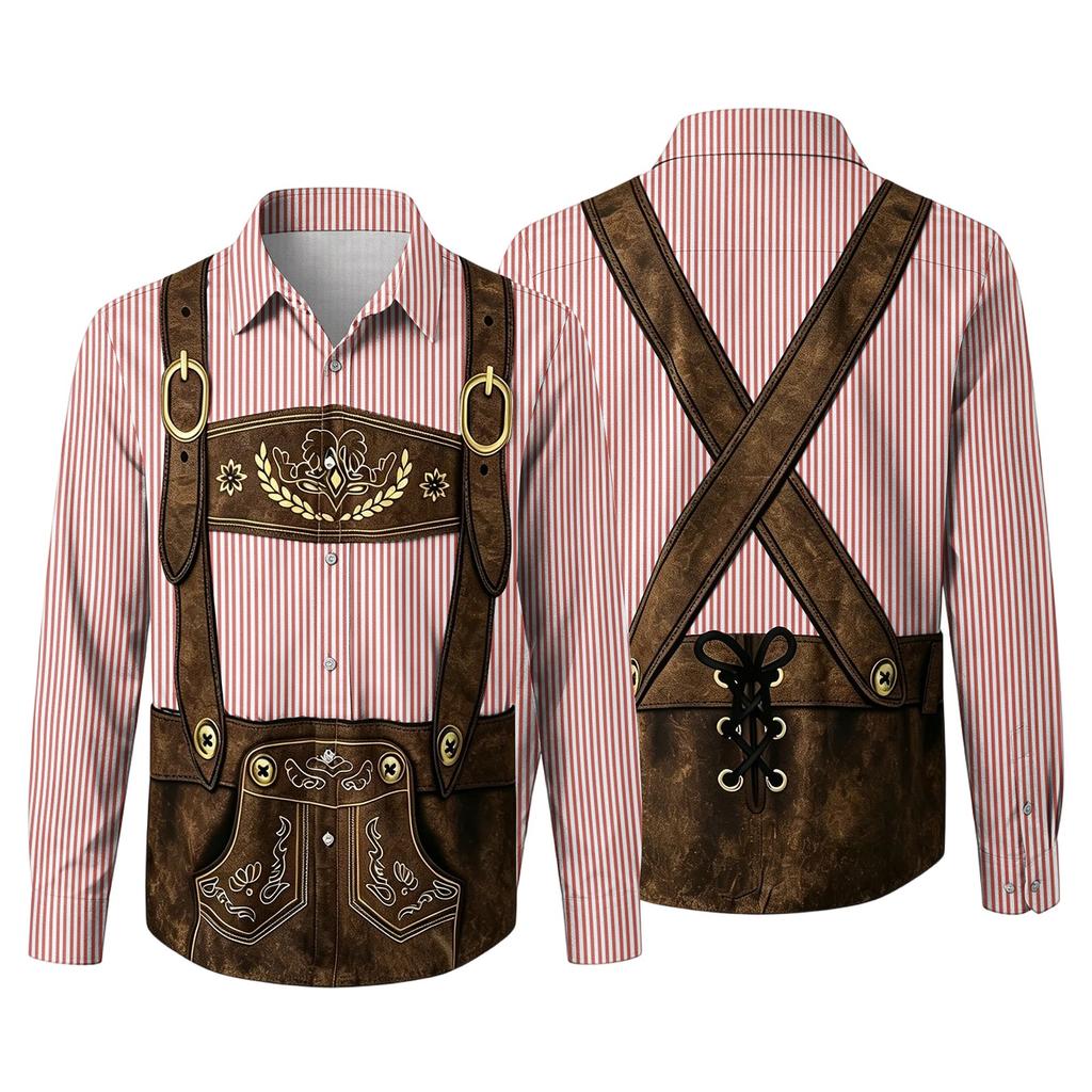 Herren Oktoberfest 3D-Druck Locker geschnitten Langarmhemd Button-Down-Kragen Lässig Vintage-Stil Atmungsaktives Hemd für Outdoor-Veranstaltungen und Partys
