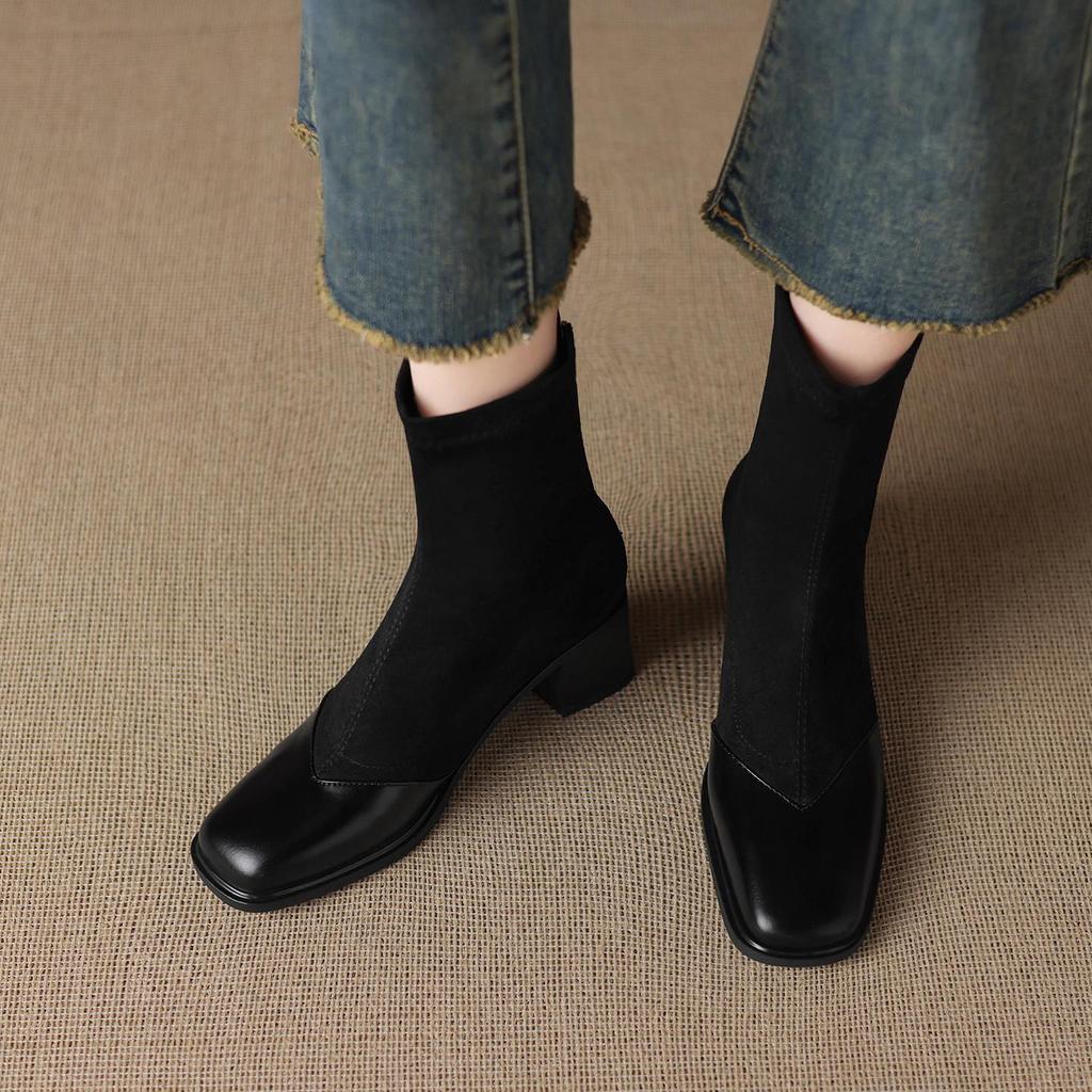 Krazing Pot Microfiber Flock Round Toe Med Heels Elastic Boots Size 43 Slip On Women Patch Work Ankle Boots