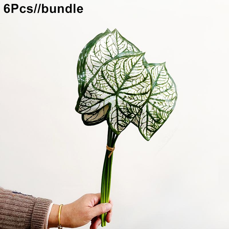 

6 шт. Шелковые цветы из листьев каладиума, цветочная композиция на длинных стеблях, искусственный букет, декор для вечеринки, искусственные растения, домашний декор, искусственная зелень