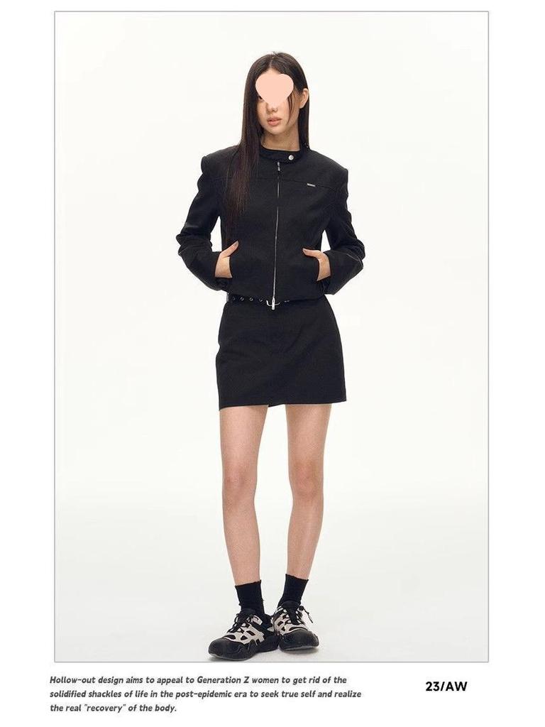 Amerikanische Retro Cool Hot Girl Schwarze Stehkragen Schlankmachende Frühlingsjacke für Damen