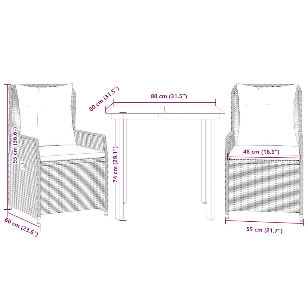 Vidaxl 3-Cz. Garden Furniture Set With Cushions, Black, PE Rattan