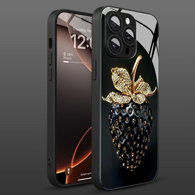 Schwarze Erdbeer-Muster Gehärtetes Glas Material Handyhülle Für iPhone 17 16 15 14 13 12 11 Pro Max Plus 16E 17Air XR XS X Hülle