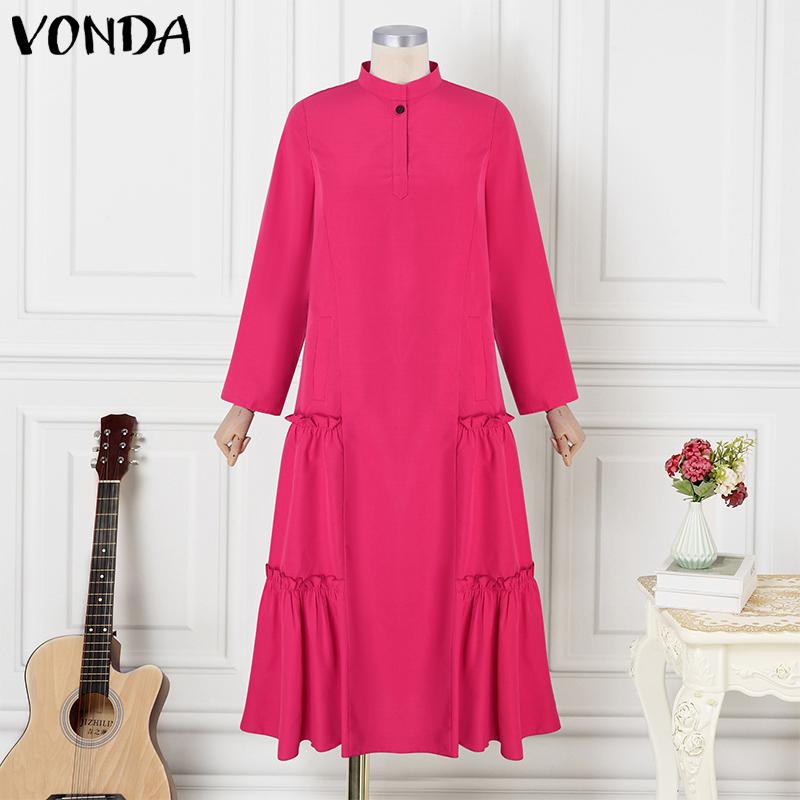 VONDA Kvinner Mote Stand Krage Langermet Ensfarget Ruffle Hem skjortekjoler