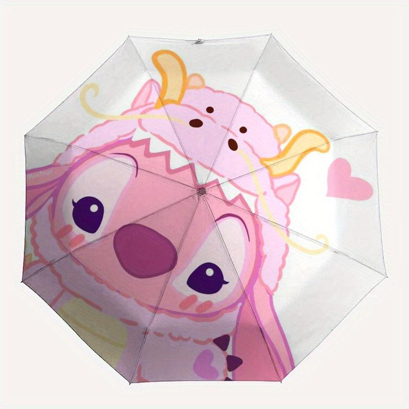 Pink Stitch,Cute Artwork Automatic Folding Umbrella Simple 8 Rib Design, Bright Cartoon Pattern, Durable Iron Frame, Suitable For Travel,