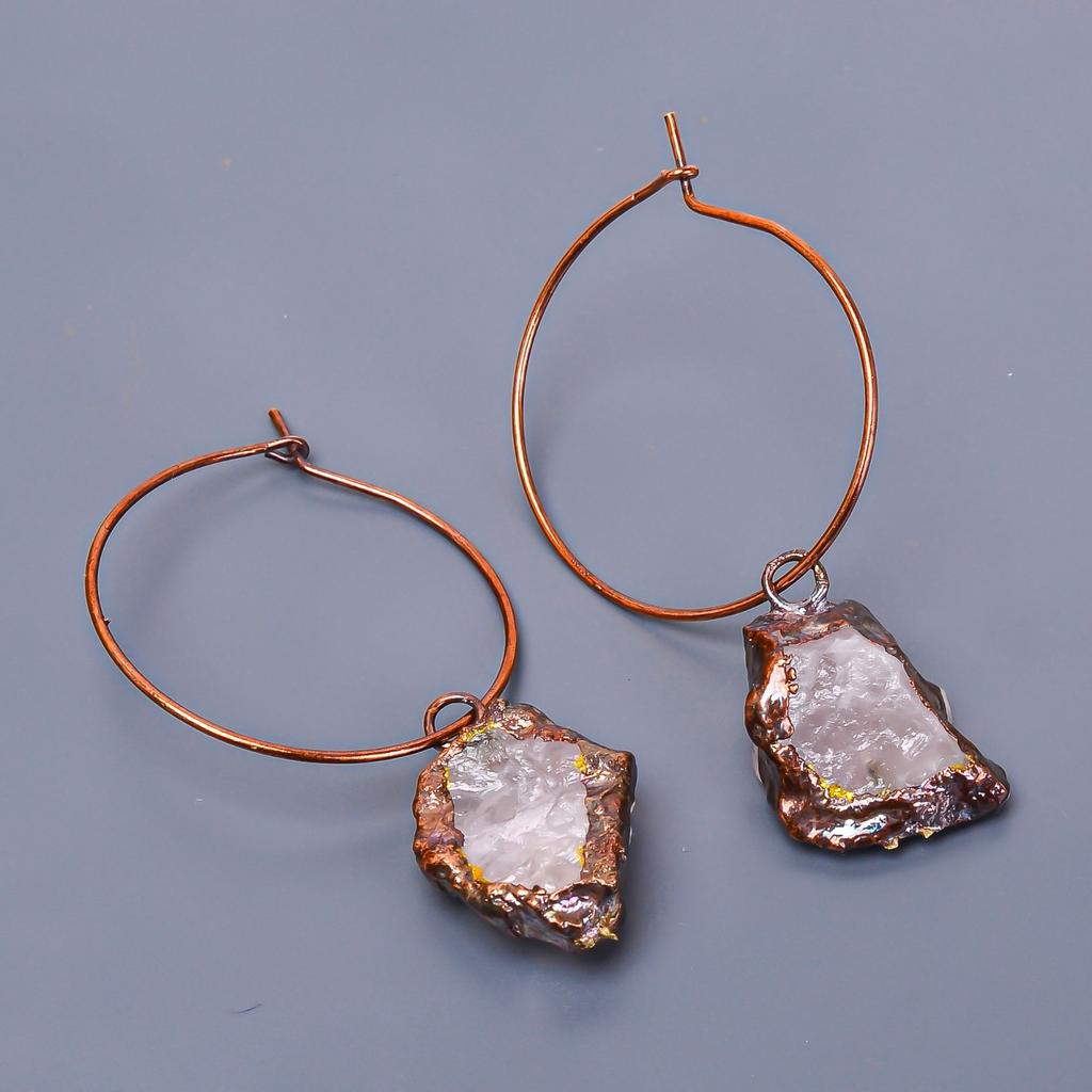 Rose Quartz Rough Stone Friendship Day Hoop Huggie Sisters Gift Earrings Copper V-9