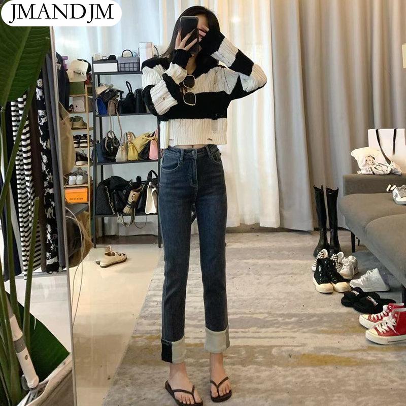 

2022 джинсы больших размеров, осенние женские базовые тонкие эластичные брюки, свободные повседневные модные женские синие длинные джинсы 4XL