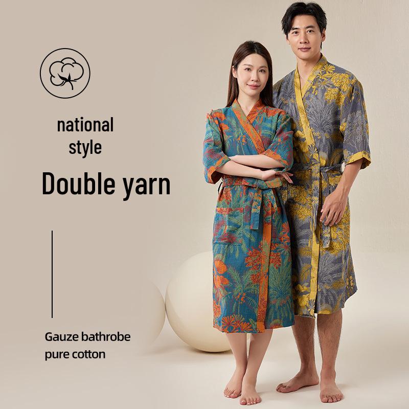 Pure Cotton Double Gauze Chinese Style Couple Bathrobe - Spring/Summer, Thin, Absorbent, Quick-Drying Pajamas/Homewear