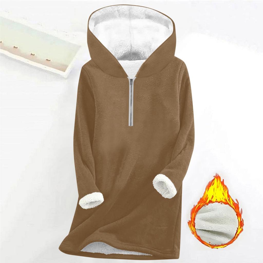 Fashionable women's fleece hooded solid color zipper long-sleeved top