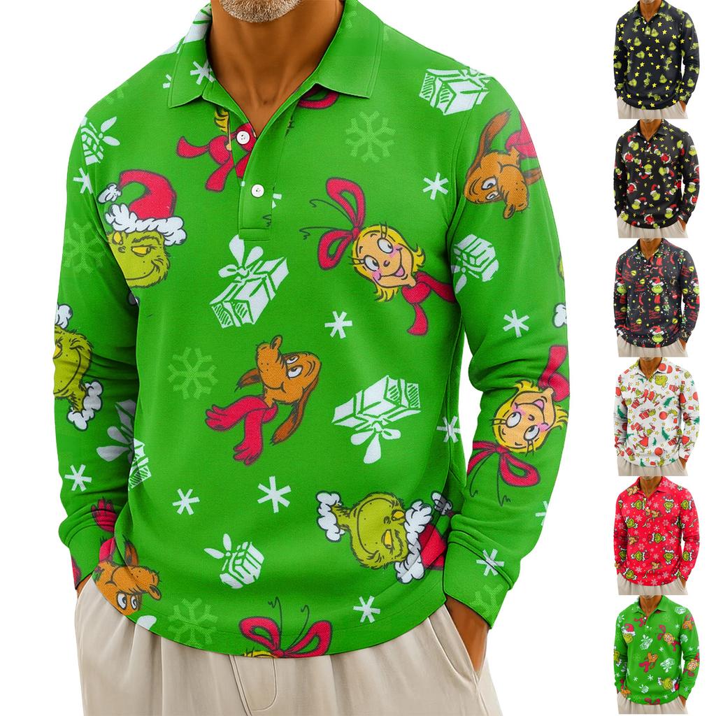 Men's Casual Christmas Print Button Long Sleeve Shirt