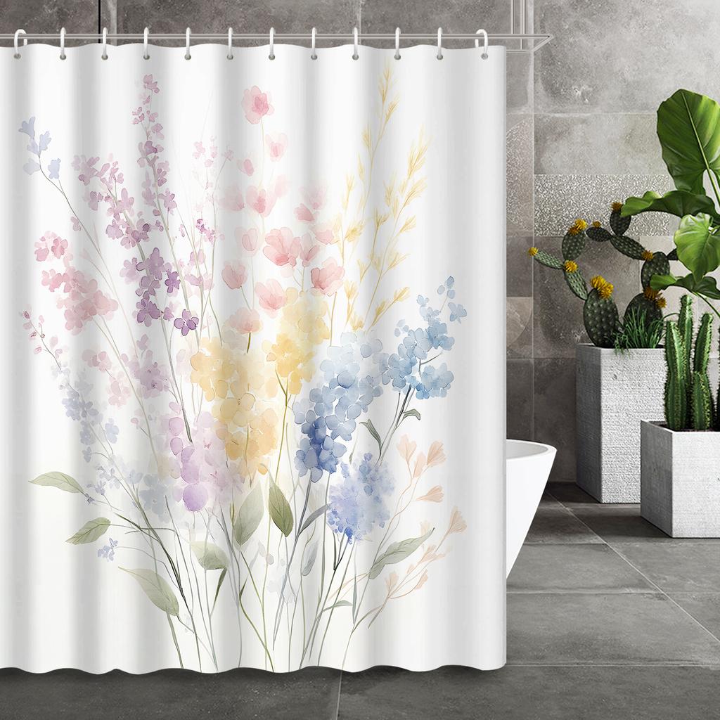 1pc Spring Floral Shower Curtain - Water-Resistant Polyester, Machine Washable, Artistic Theme, 12 Hooks, Grommet Top